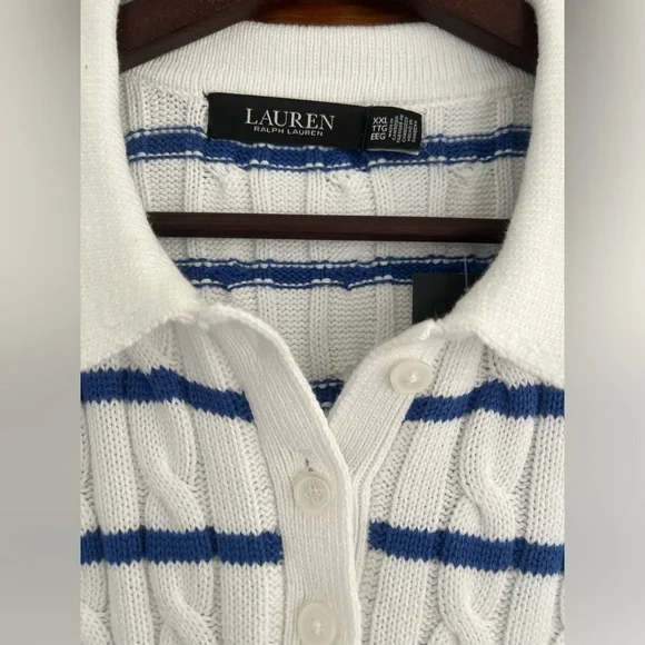 NWT Ralph Lauren White and Blue Cable Knit Polo - Picture 4 of 8